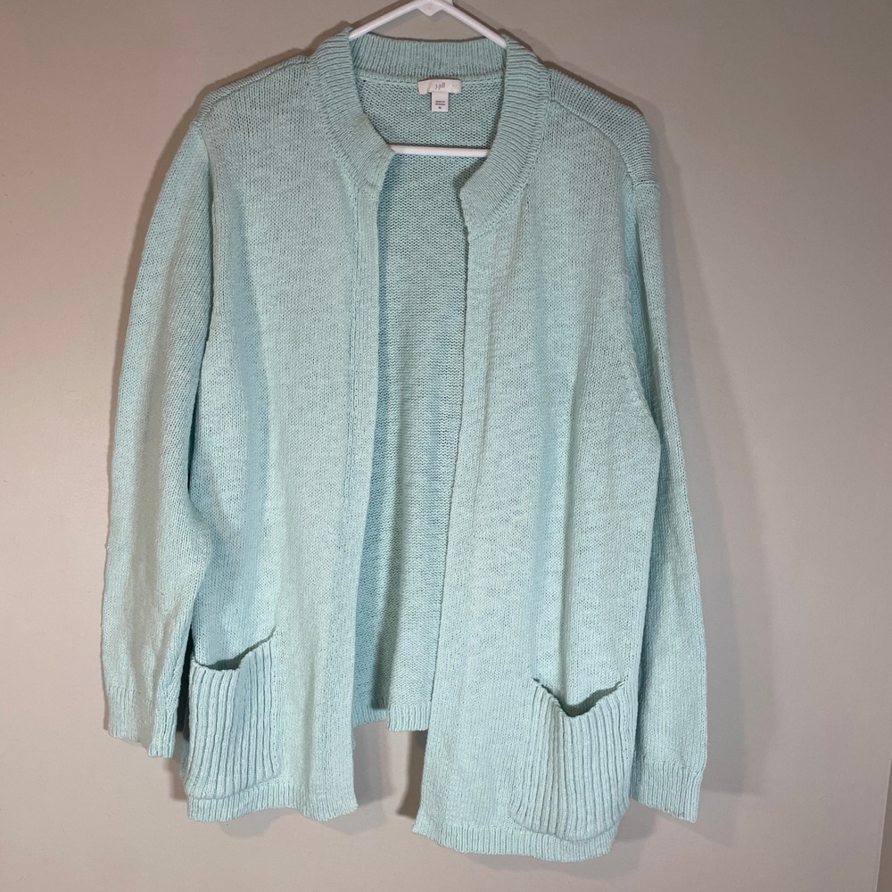 J. Jill Women XL Light Blue Cotton Knit Open Front Cardigan Sweater Pockets Cozy